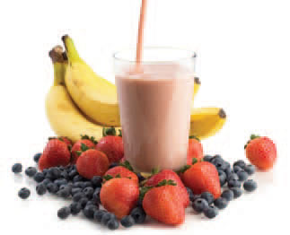 Fruit smoothie with bananas, strawberries, and blueberries.