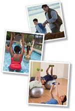 Three images of people participating in the activities of water aerobics, pilates, and walking a dog.