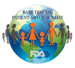 Rare Disease Patient Advocacy Day at FDA March 1, 2012 Stick figures of familes with the in front of the earth