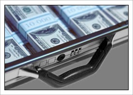 Briefcase with bundles of $100 bills