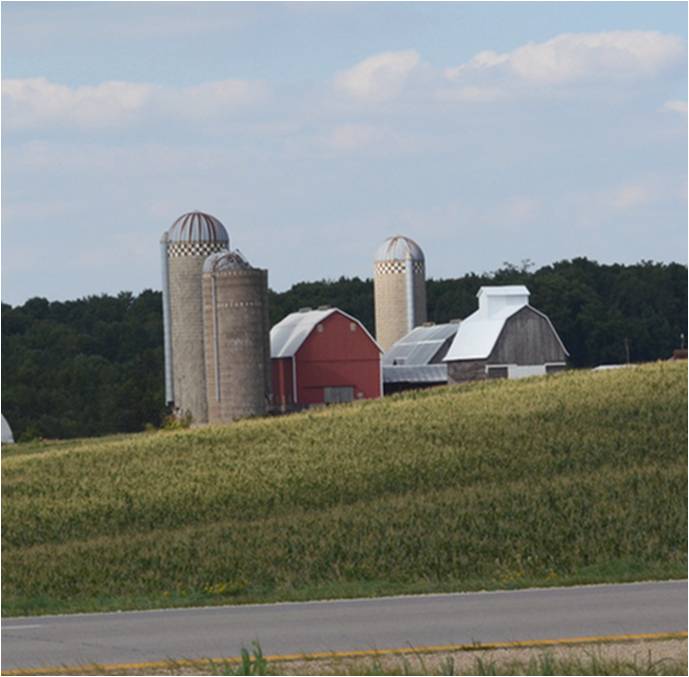 US farm with silo and barn