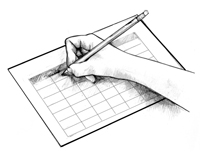 Drawing showing a hand writing in a record book.