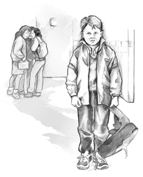 Drawing of an unhappy boy holding his backpack.