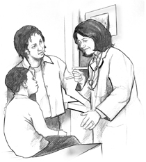 Drawing of a mother and son talking with a doctor.