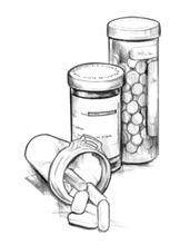 Drawing of three pill bottles.