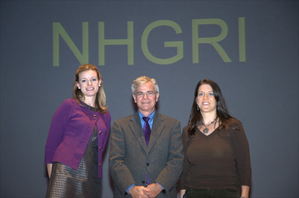 Dr. Elizabeth Grice (l), one of the two recipients of the 2010 NIH WSA Scholar awards poses with Dr. Michael Gottesman (NIH’s deputy director for intramural research) and Dr Rebecca Dunfee (WSA/Felcom Rep) (r) upon receiving her award at the 2010 NIH research festival. 