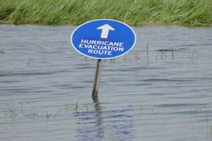 Hurricane Evacuation sign surrounded by water
