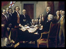Colonial men gathered around a table.