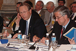 Dr. Vance D. Coffman (left), Chairman and Chief Executive Officer of Lockheed Martin and Chair of the President’s National Security Telecommunications Advisory Committee (NSTAC), opens the NSTAC XXVI Executive Session