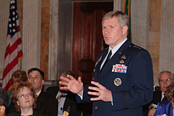 Air Force Lieutenant General Harry D. Raduege, Jr., Director of the Defense Information Systems Agency and former Manager of the National Communications System, addresses members of the President’s National Security Telecommunications Advisory Committee (NSTAC).
