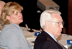 Susan Spradley (left), President of Wireline Networks for Nortel Networks, listens to discussion on national security telecommunications issues with Herbert W. Anderson, President of Northrop Grumman Information Technology