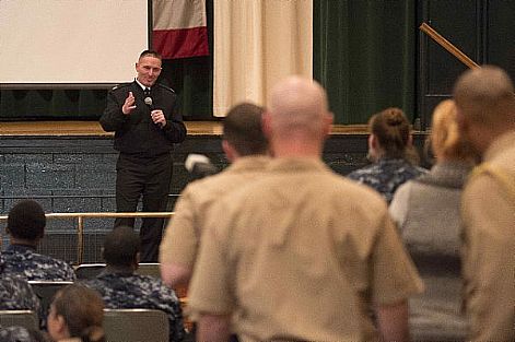 Master Chief Petty Officer of the Navy (MCPON) Mike Stevens and Chief of Naval Operations (CNO) Adm. Jonathan Greenert hold an all-hands call at Naval Station Norfolk to talk to Sailors, civilians and Navy families about current issues in the fleet as well as answer questions from the Sailors. The all hands call was also broadcasted live via Livestream on the Internet allowing Sailors, civilians and Navy families a chance to hear from their top naval leaders in the officer and enlisted ranks.  U.S. Navy photo by Mass Communication Specialist 1st Class Peter D. Lawlor (Released)  130125-N-WL435-344