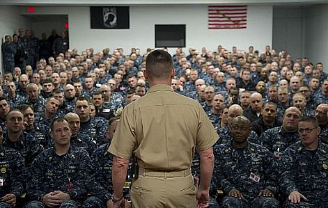 Master Chief Petty Officer of the Navy (MCPON) Michael D. Stevens speaks with area chief petty officers during a trip to Naval Submarine Base New London. Stevens also visited the attack submarines USS New Hampshire (SSN 778) and USS Dallas (SSN 700), and held an all-hands call with approximately 250 Submarine 