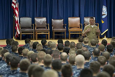 Master Chief Petty Officer of the Navy (MCPON) Michael D. Stevens speaks to approximately 250 Submarine 