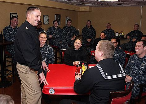 Master Chief Petty Officer of the Navy (MCPON) Michael D. Stevens speaks with Sailors assigned to USS Constitution. Constitution, a 214 year-old vessel, is the world's oldest commissioned naval war vessel afloat.  U.S. Navy photo by Mass Communication Specialist 3rd Class John P. Benson (Released)  130129-N-KM734-050