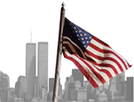 Artistic image of the U.S. flag over the skyline of New York City