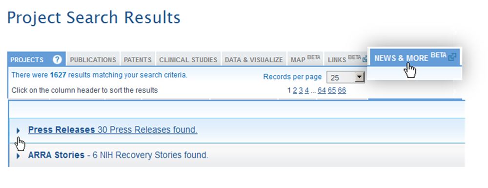 Screenshot of project search results from RePORT