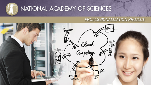 Image that includes the National Academy of Science logo, a man with a computer, and a woman writing on a white board that links to information about the National Academy of Sciences Professionalization Project.