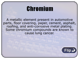 Chromium - A metallic element present in automotive parts, floor covering, paper, cement, asphalt, roofing, and anti-corrosive metal plating. Some chromium compounds are known to cause lung cancer.
