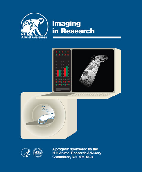 This is poster number fourteen and the title is Imaging in Research. This royal blue poster displays a computer monitor on the top right of the poster with the left half of the screen showing polychromatic columns and an MRI image of the cross section of a mouse on the right side. On the bottom left side of the poster is an MRI machine with a cartoon-like sleeping mouse inside of it being scanned. If available, gently used copies can be requested from the NIH Office of Animal Care and Use at
