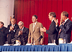 President Ronald Reagan, HHS Secretary Otis R. Bowen, Dr. James B. Wyngaarden and members of the Commission on the Human Immunodeficiency Virus Epidemic.