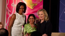 Photo of Secretary Clinton, Michelle Obama, and IWOC awardee