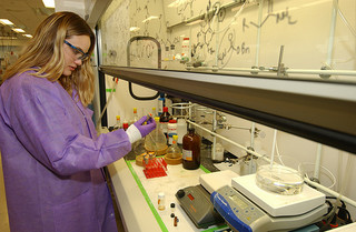  A technician in an NCATS chemistry laboratory advancing a chemical probe through analog synthesis.