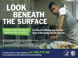 Photo of young Hispanic man working in a kitchen with information on an anti-Human Trafficking campaign "Look Beneath the Surface."