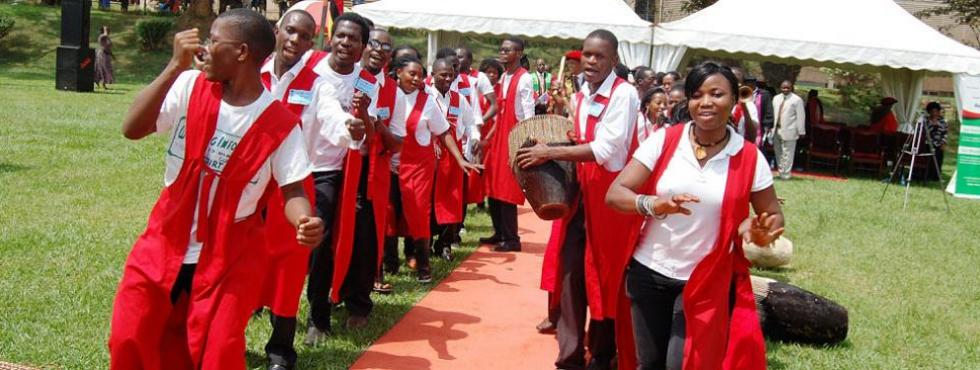 Students of the Department of Performing Arts and Film (PAF), CHUSS, Makerere University, Kampala Uganda lead the Academic Procession during the 62nd Graduation Ceremony