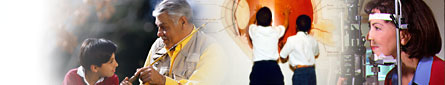 Diabetic Eye Disease: Various images of people: Man fishing, 2 boys looking at an eye diagram, and a woman getting an eye exam.