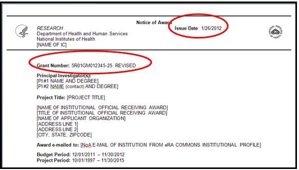 Example 2:  Revised Award:  1) “REVISED” shows next to Grant Number Field; and, 2) Issue Date is new.  This Issue Date is not the “initial Issue Date” because the NoA shows “REVISED”.