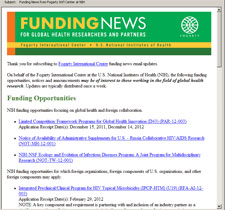 Screen capture sample of Fogarty Funding News email, text too small to read, lists many funding opportunities