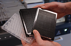 96-well, 384-well and 1,536-well plates. With improved microfluidics technology, plates with more wells can be used, allowing screening of more samples per pass.