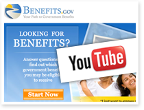 Esta es una imagen de la página de inicio de Benefits.gov con el logo oficial de YouTube.