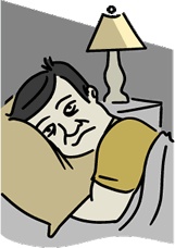 Cartoon of a miserable-looking man, head on a pillow, unable to fall asleep.