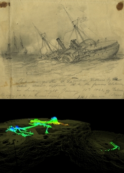 Top: The USS Hatteras as depicted in a drawing by Civil War artist Francis H. Schell that he titled, “The Destruction of the USA gunboat Hatteras.” Below:  This three-dimensional sonar scan shows remains of the USS Hatteras protruding above the seabed as surveyed in late 2012.  