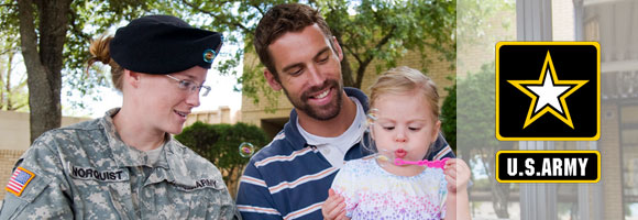 Army logo and Soldier with husband and child