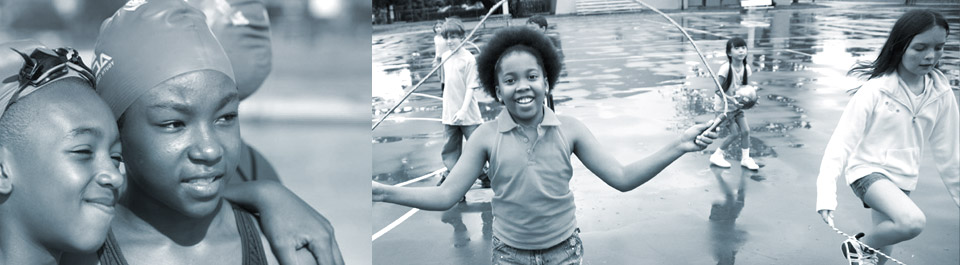 Photo of two girls at a swim meet and photo of a girl jumping rope