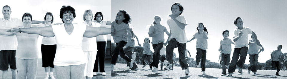 Photo of kids running through the grass and photo of adults in a fitness class