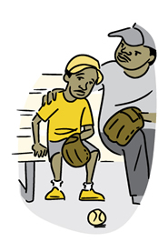 Cartoon of dad comforting his tired looking son on a break from playing baseball.