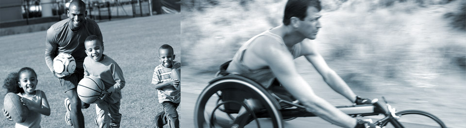 Photo of a dad and his kids running while holding a soccer ball, football, and basketball and a photo of a man using a hand cycle
