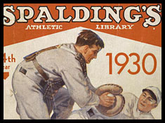 Cover of Spalding's official base ball guide showing a catcher with a mitt and ball and another player
