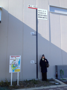 Cora Dickson of the International Trade Administration stands by a sign indicating the high water mark of the floodwaters at the Tohoku Electric Utility's liquified natural gas plant following the March 2011 earthquake and tsunami.