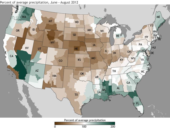 Map of the U.S for June through August, 2012 with various shaded regions showing shades of green and brown where green shows heavier precipitation and brown showing less.
