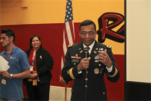 U.S. Army Corps of Engineers Commanding General Lt. Gen. Thomas P. Bostick, delivers last minute instructions to science, technology, engineering and mathematics, or STEM, students at Roosevelt High School in Los Angeles, Jan. 18, 2013. Bostick and Deputy Commanding General for Civil and Emergency Operations Maj. Gen. Michael J. Walsh, South Pacific Division Commander Brig. Gen. Michael C. Wehr and his district commanders, visited the school during Great Minds in STEM's Viva Technology Day.