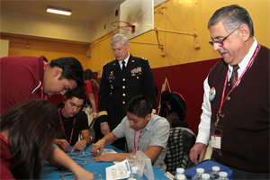 Deputy Commanding General for Civil and Emergency Operations Maj. Gen. Michael J. Walsh looks on during Great Minds in STEM's Viva Technology Day at Roosevelt High School in Los Angeles, Jan. 18 2013. According to the U.S. Bureau of Labor Statistics, more than half of the 30 fastest-growing occupations through 2018 are science, technology, engineering and mathematics, or STEM-related. Environmental engineers are leading the way at an expected 31 percent job growth.