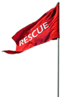 A red flag with the word RESCUE in white lettering
