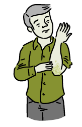Cartoon of a man noticing a scaly patch on his elbow.
