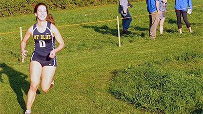 Serbia, American Serbia &amp; Montenegro Youth Leadership Exchange (A-SMYLE), Farmington ME, Mt. Blue High School cross country relay race, 7th October 2011, Sonja running to the finish line.