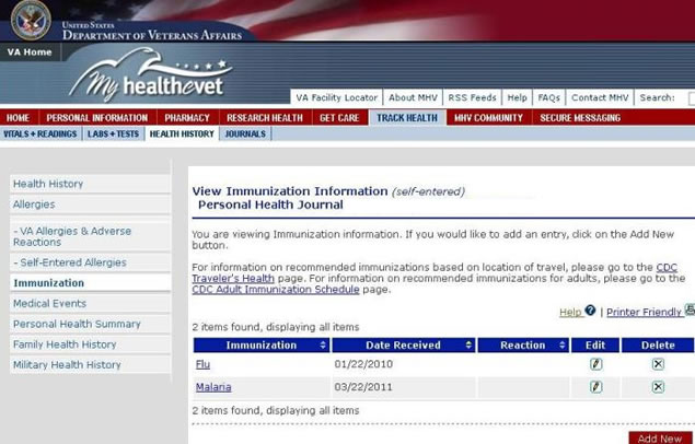 Screenshot of Immunizations